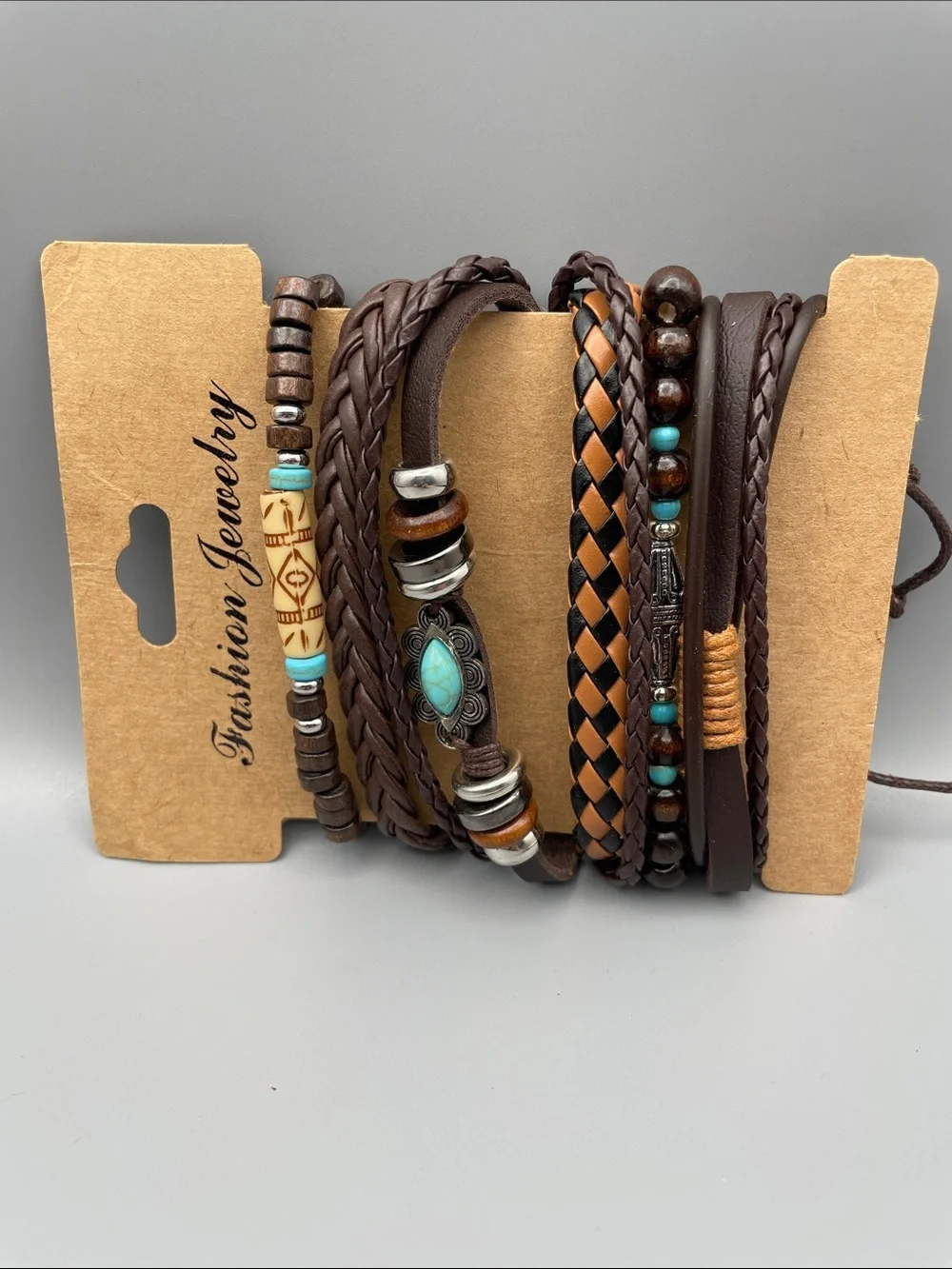 Fashion Jewelry Brown & Turquoise Men's Layered Bracelet Set